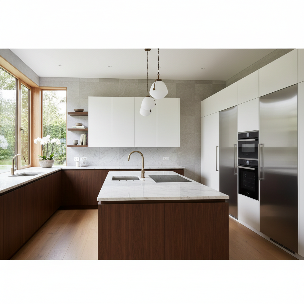 Upscale kitchen with integrated Thermador-style appliances