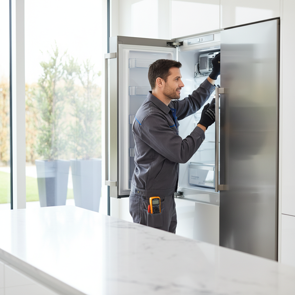 Professional technician inspecting a built-in refrigerator